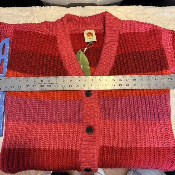 Farm Rio Striped Maxi Cardigan Red Pink Button Ribbed Acrylic Monochrome Medium - Picture 11 of 15